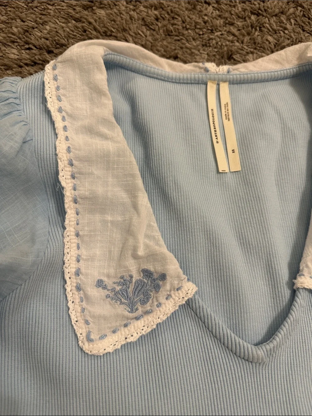 Anthropologie Light Blue Puff Sleeve Top with Embroidered White Collar